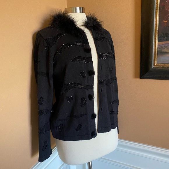 Berek Vintage Sequin Cardi Faux Fur Collar Mesh Inset Black Sweater M Glam Goth - Picture 5 of 12